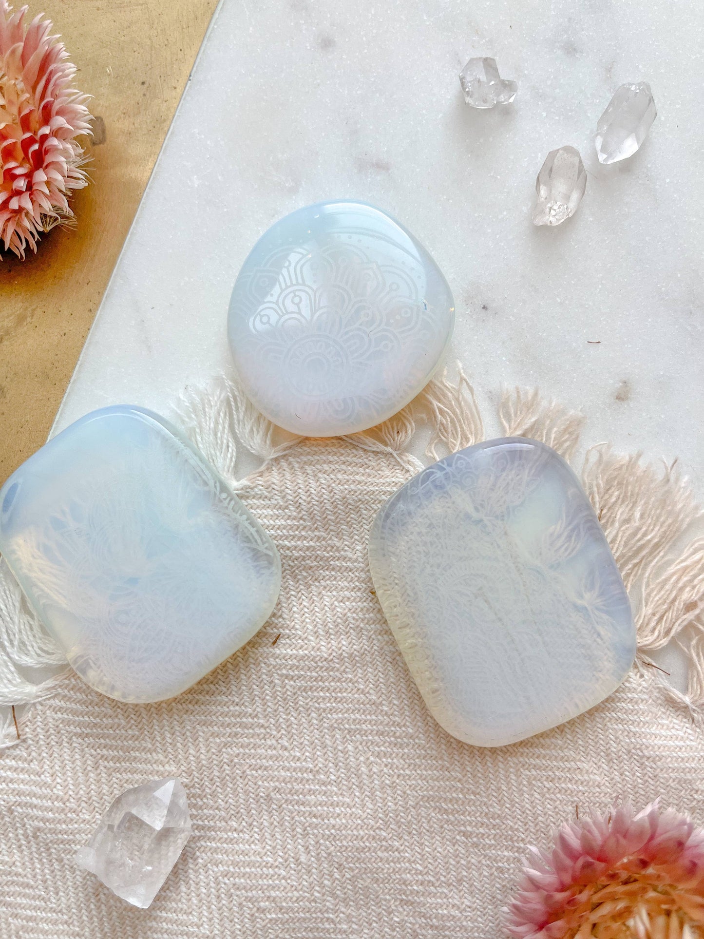 Mandala Etched Opalite Smooth Pocket Stone