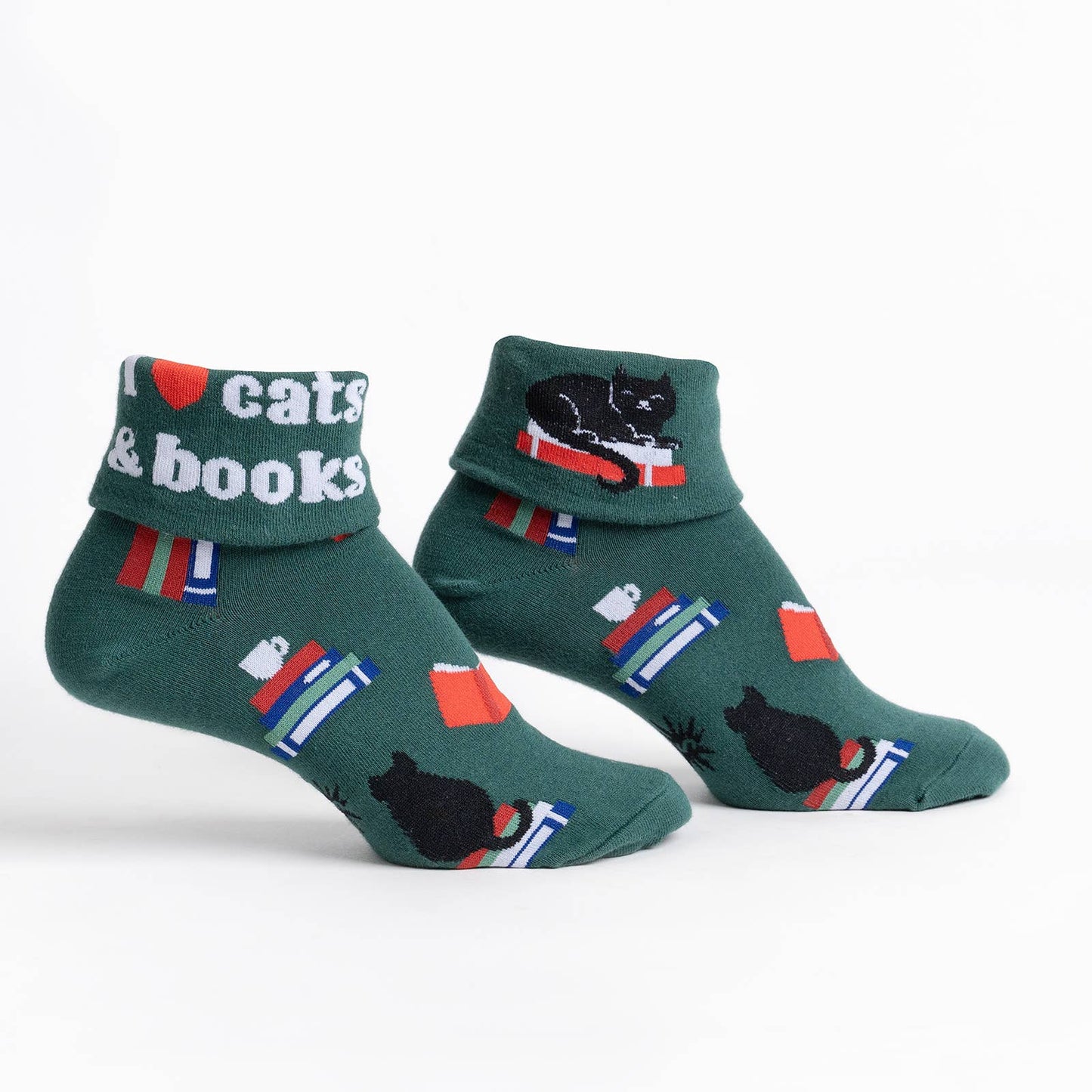 Turn Cuff Crew Sock: I Love Cats & Books