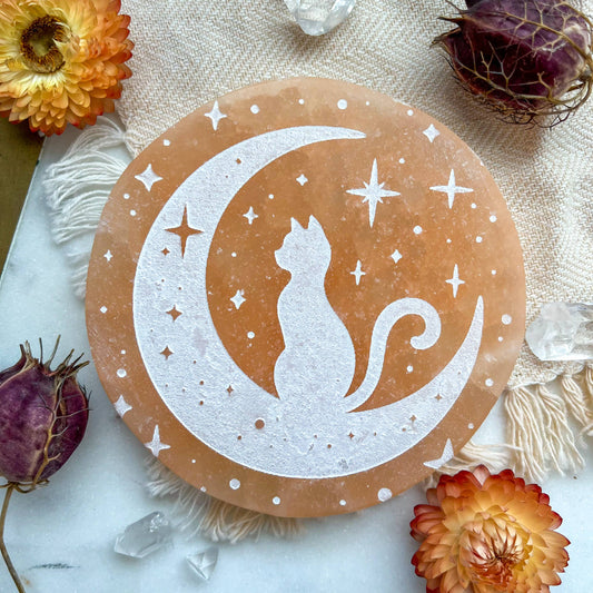 "Moon Cat"  Selenite Charging Plate Spooky Decor